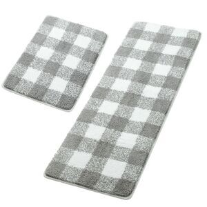 Microfiber Plaid Bathroom Rugs 2 Pcs Mats 17"x24" & 17"x47" Gray & White